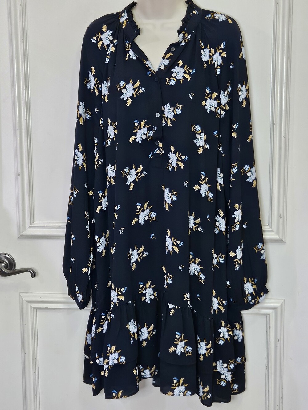 LOFT Navy Blue Multi-Color Floral Long Sleeve Midi Dress, X-Large - Picture 8 of 16